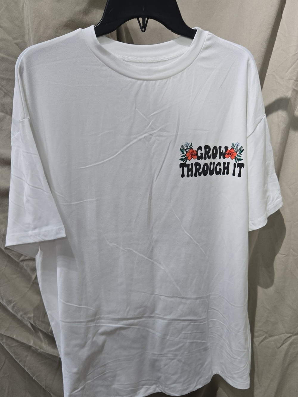SHEIN White Short Sleeve Tee with Black Text and Red Floral Graphic
